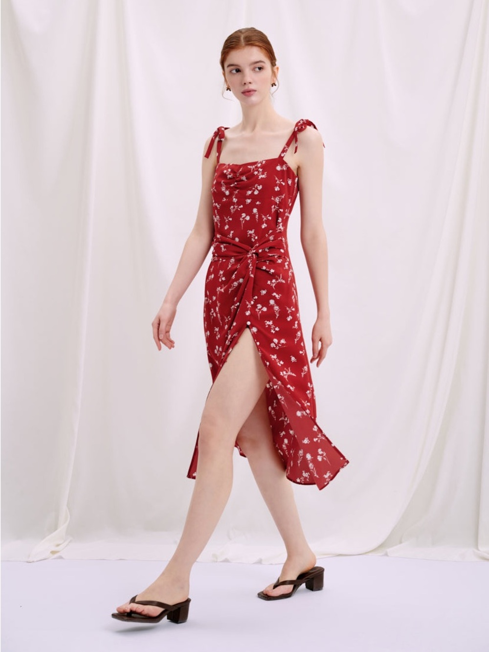 Petite Studio NYC NWT Lorraine Dress Red Floral Midi Tie Shoulder Straps Formal
